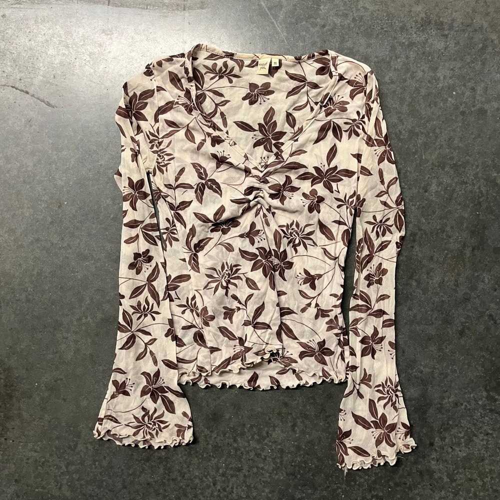 Sweet Pea Mesh Floral V-Neck Ruched Bust Bell Sleeve Top Brown Cream Medium